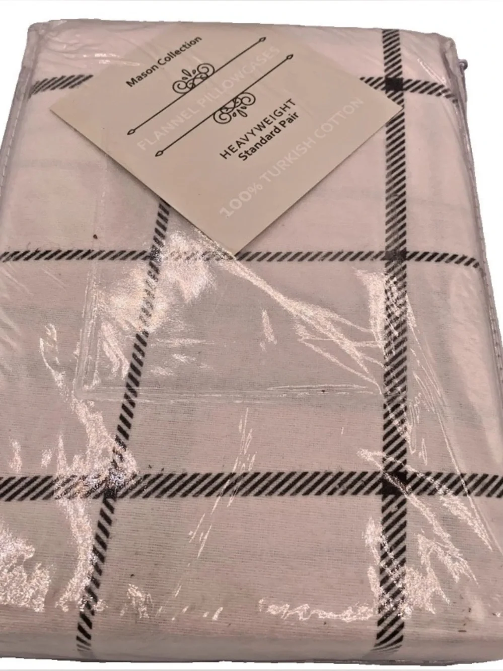 Moon Collection Turkish Cotton White Flannel Pillowcase Pair Black Windowpane